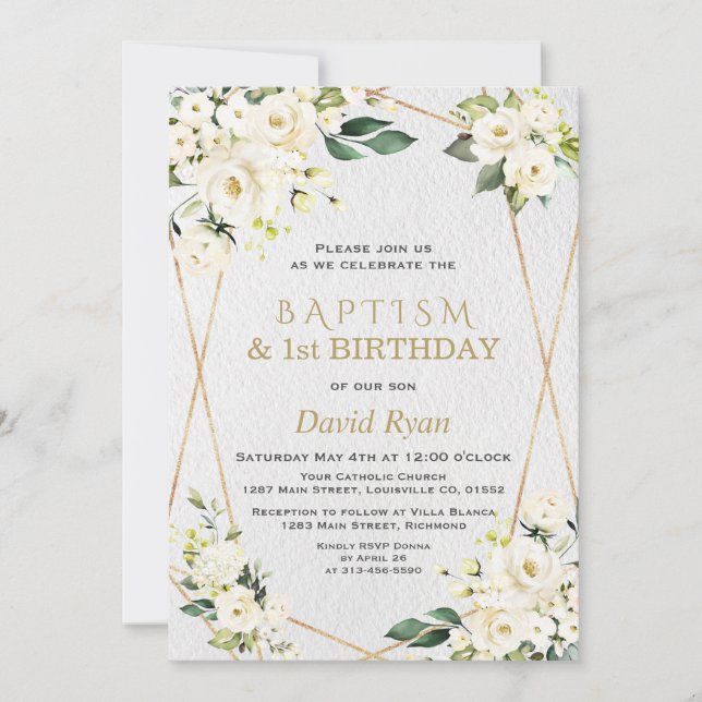 White Flowers Gold Baptism 1st Birthday Party Invitation (Front)