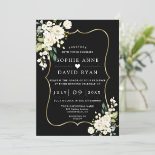 White Flowers Gold Black All In One Wedding Invitation