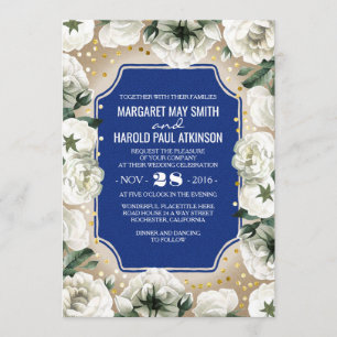 White Flowers Gold Confetti Wreath Navy Wedding Invitation