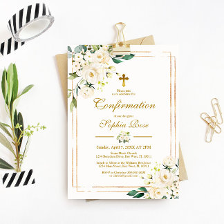 White Flowers & Gold Frame Girl Confirmation Invitation