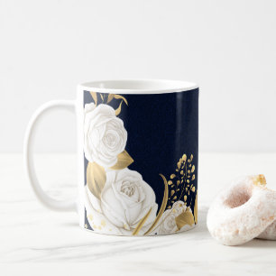 white flowers gold leaves navy blue coffee mug