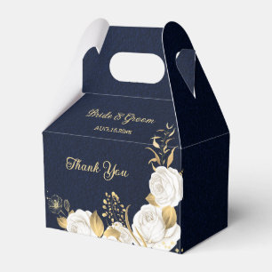 white flowers gold leaves navy blue wedding favor box