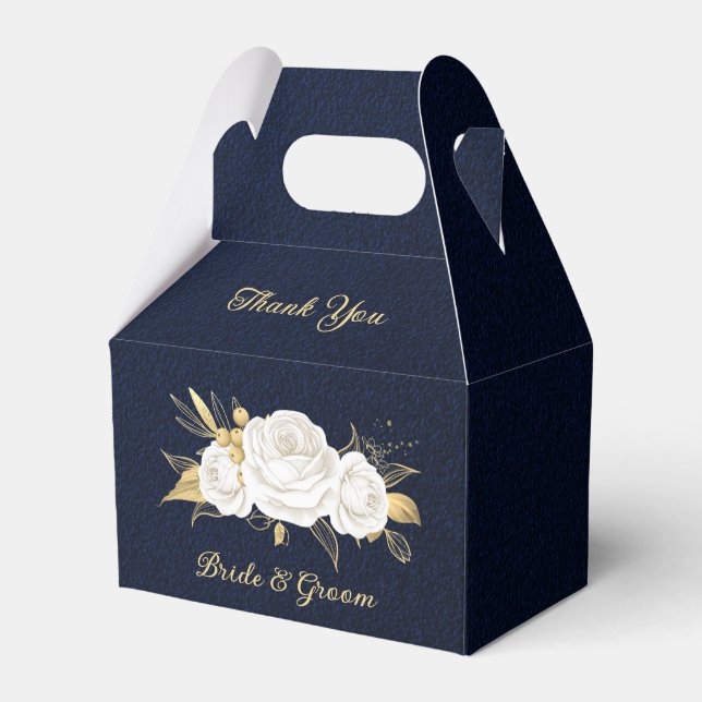 white flowers gold leaves navy blue wedding favor box (Front Side)