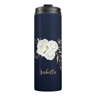 white flowers gold leaves navy thermal tumbler