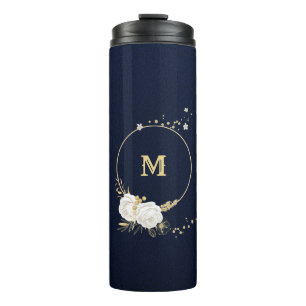 white flowers gold leaves navy thermal tumbler