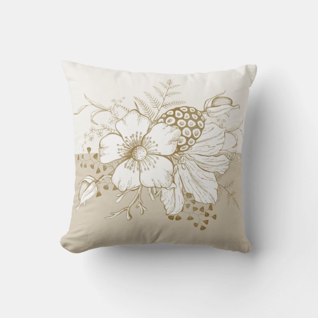 White flowers gold outline accents throw pillow (Front)