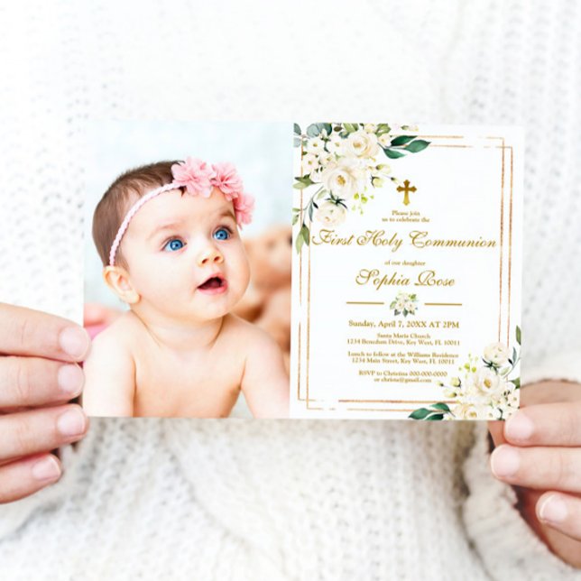 White Flowers & Gold Photo First Holy Communion Invitation (Creator Uploaded)