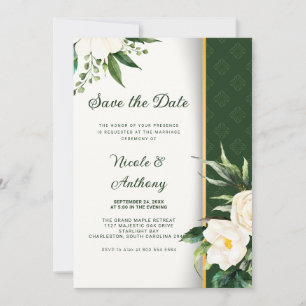 White Flowers Gold Stripe Save-The-Date Invitation