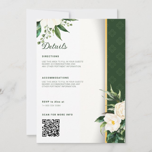 White Flowers Gold Stripe Wedding Details Invitation (Front)