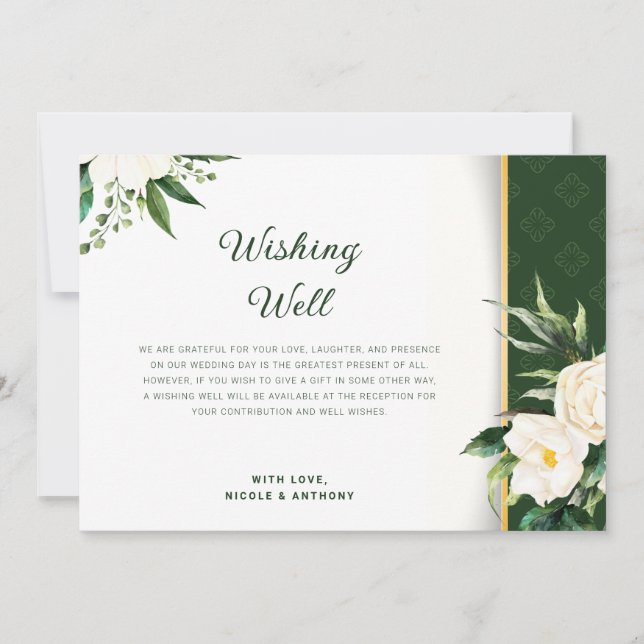 White Flowers Gold Stripe Wishing Well Invitation (Front)