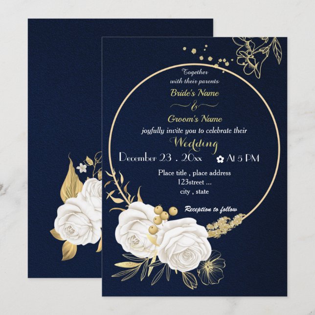 white flowers gold wreath navy wedding  invitation (Front/Back)