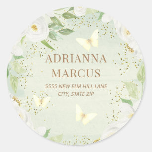 White Flowers Green Backyard Baby Shower Address Classic Round Sticker
