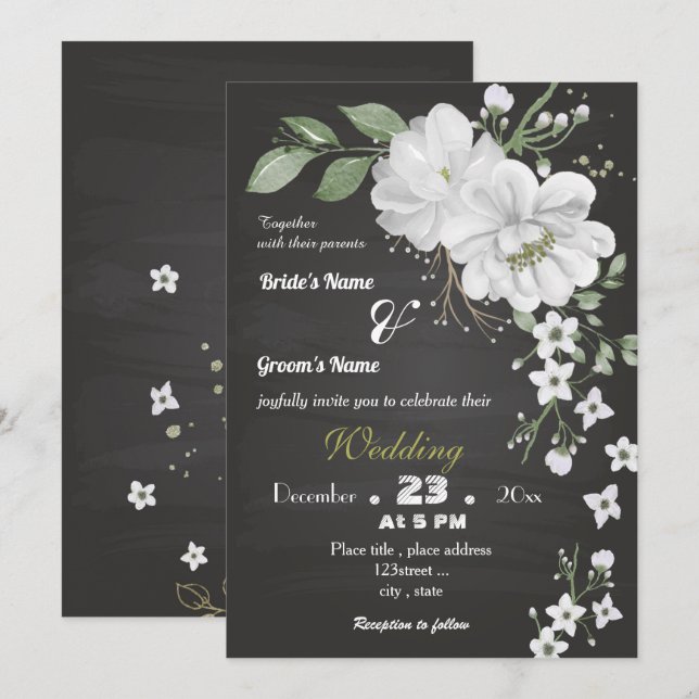 white flowers green leaves black wedding invitation (Front/Back)