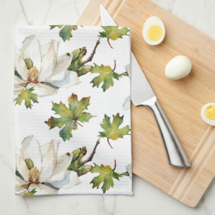 White Flowers Green Leaves Kitchen Towel