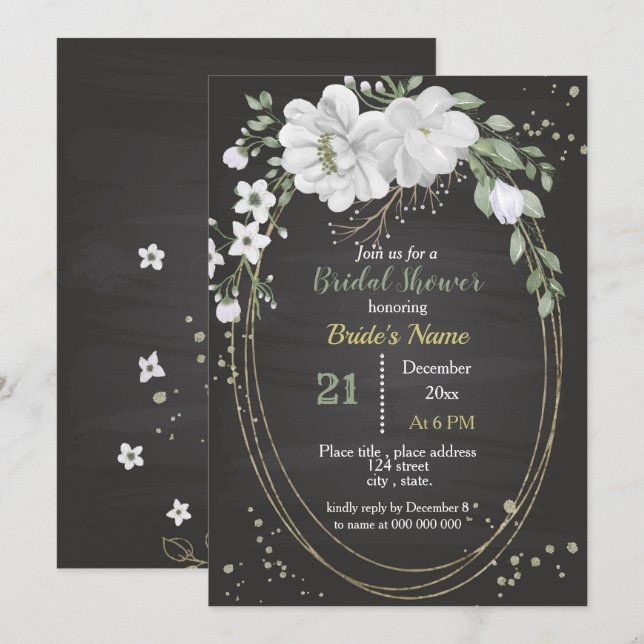 white flowers & green leaves oval bridal shower invitation (Front/Back)