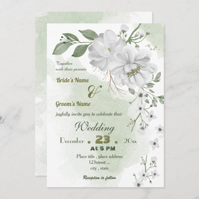 white flowers green leaves wedding invitation (Front/Back)