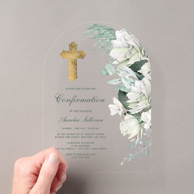White Flowers Greenery Arch Confirmation Acrylic Invitations (Insitu (Handheld))