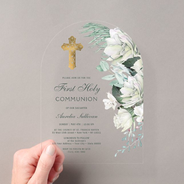 White Flowers Greenery Arch First Communion Acrylic Invitations (Insitu (Handheld))