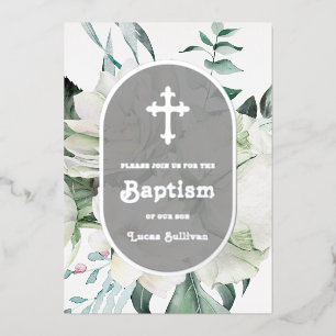 White Flowers Greenery Baptism Foil Invitation