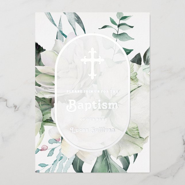 White Flowers Greenery Baptism Foil Invitation (Front)