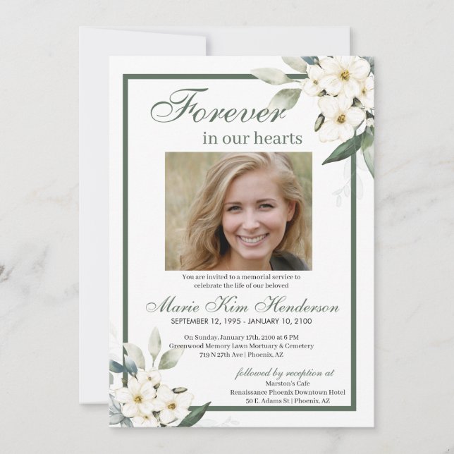 White Flowers Greenery Funeral Memorial Service Invitation (Front)