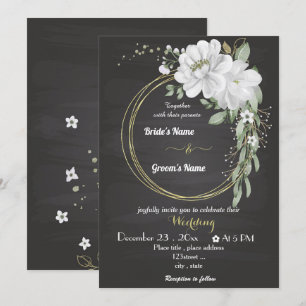 white flowers greenery gold wreath black wedding invitation