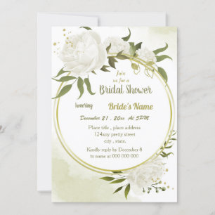 white flowers greenery gold wreath bridal shower invitation