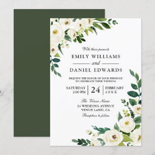 White Flowers Greenery Modern Wedding Invitation