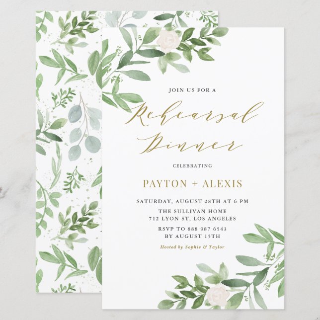 White Flowers Greenery Rehearsal Dinner Invitation (Front/Back)