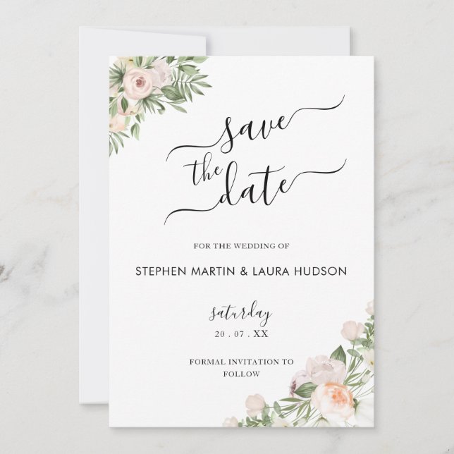 White Flowers Greenery Succulent Save the Date Invitation (Front)