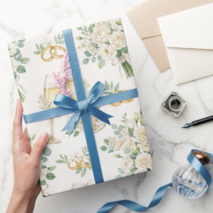 White Flowers Greenery Wedding Gift Wrap Paper