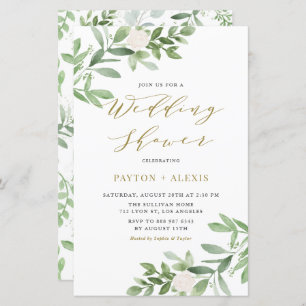 White Flowers Greenery Wedding Shower Invitation