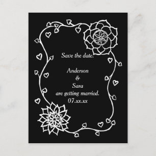 White Flowers Hearts Black Save the date Postcards