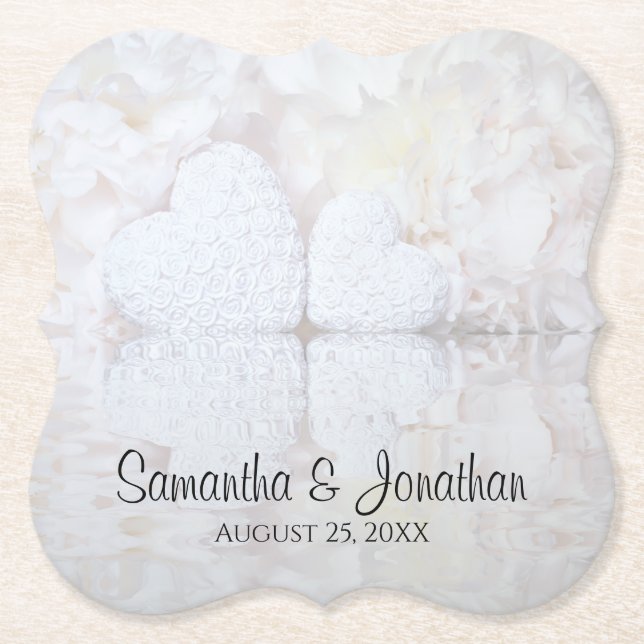 White Flowers & Hearts Reflections Wedding Paper Coaster (Front)