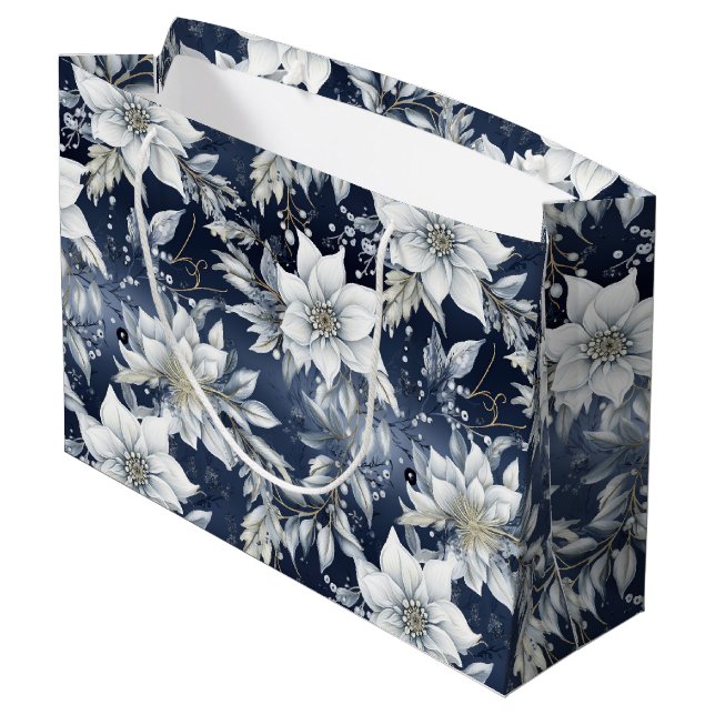 White Flowers & Holly Berries Large Gift Bag (Back Angled)