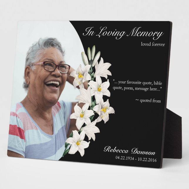 White Flowers In Loving Memory Black Custom Photo Plaque (Side)