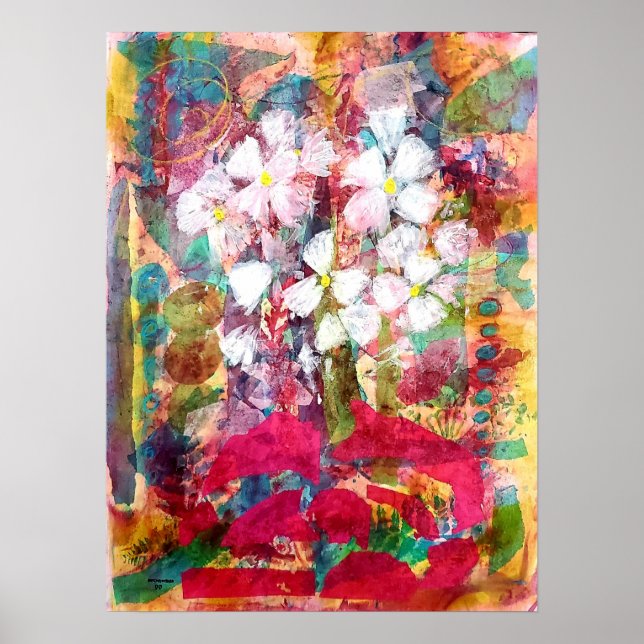 White Flowers in Pink Pot Poster Print (Front)