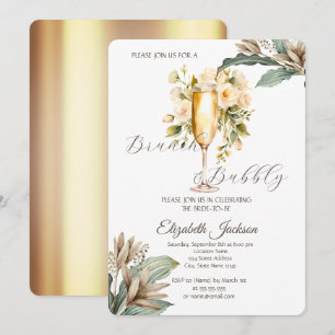 White Flowers Leaf Champagne Glass Bridal Shower Invitation