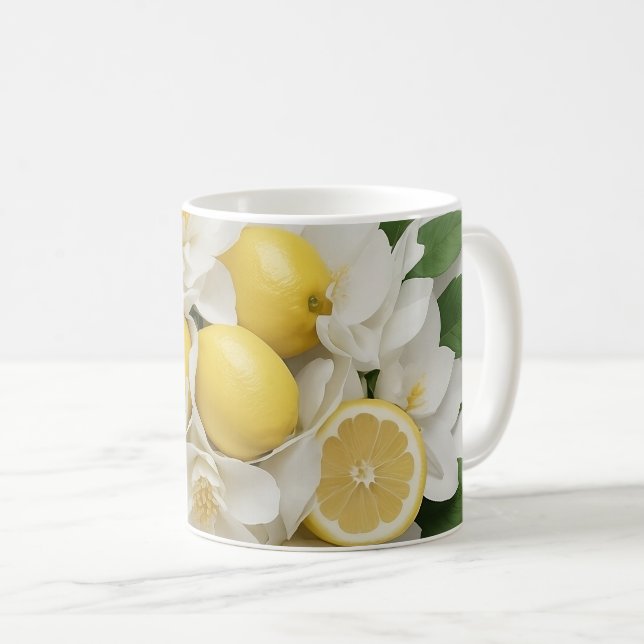 White Flowers, Lemons & Green Leaves on White Coffee Mug (Front Right)