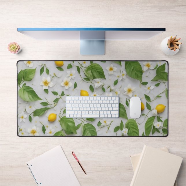 White Flowers Lemons Green Leaves Pattern on White Desk Mat (Office 1)