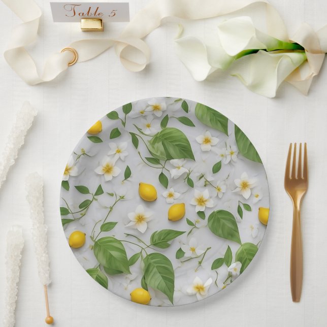 White Flowers Lemons Green Leaves Pattern on White Paper Plate (Wedding)