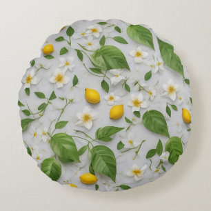 White Flowers Lemons Green Leaves Pattern on White Round Pillow