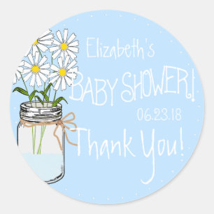 White Flowers Mason Jar Blue Baby Shower Thank You Classic Round Sticker