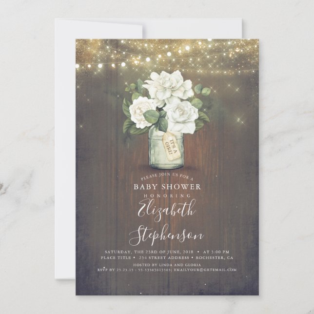 White Flowers Mason Jar Rustic Country Baby Shower Invitation (Front)