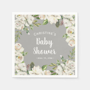 White Flowers Neutral Grey Baby Shower Sprinkle Napkin