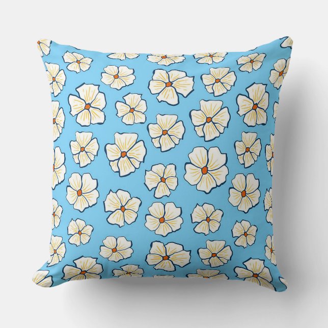 White Flowers on a Blue Background Throw Pillow (Front)