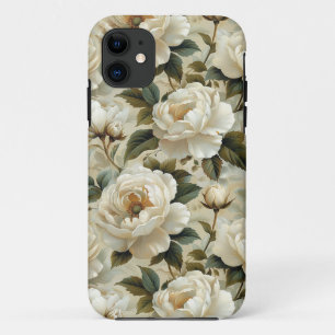 White flowers on a cream background. iPhone 11 case