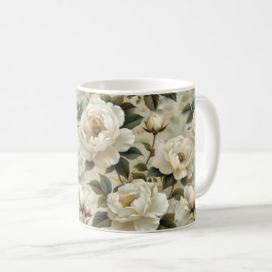 White flowers on a cream background. coffee mug
