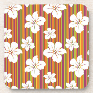 White flowers on a striped background coaster