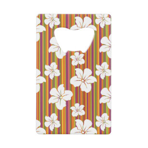White flowers on a striped background credit card bottle opener